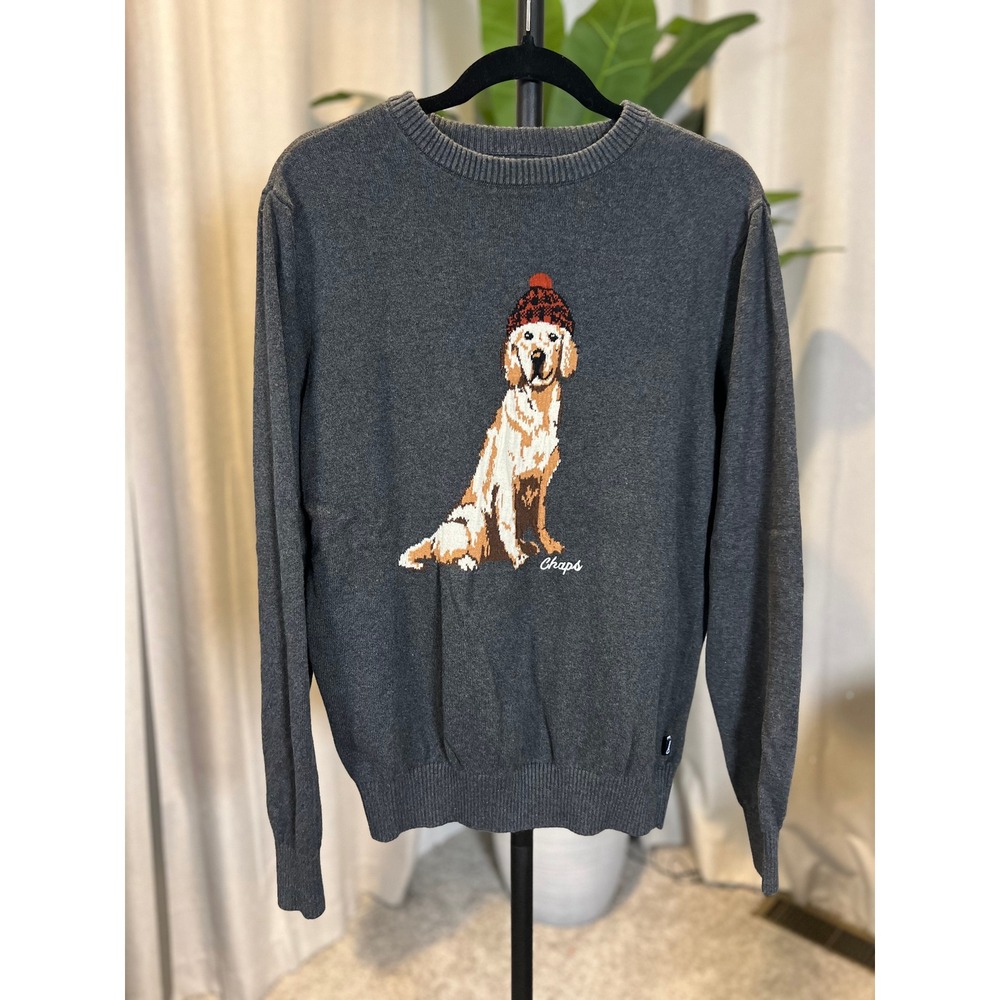 Chaps Mens Gray Golden Retriever Dog Beanie Intarsia Knit Crewneck Sweater M